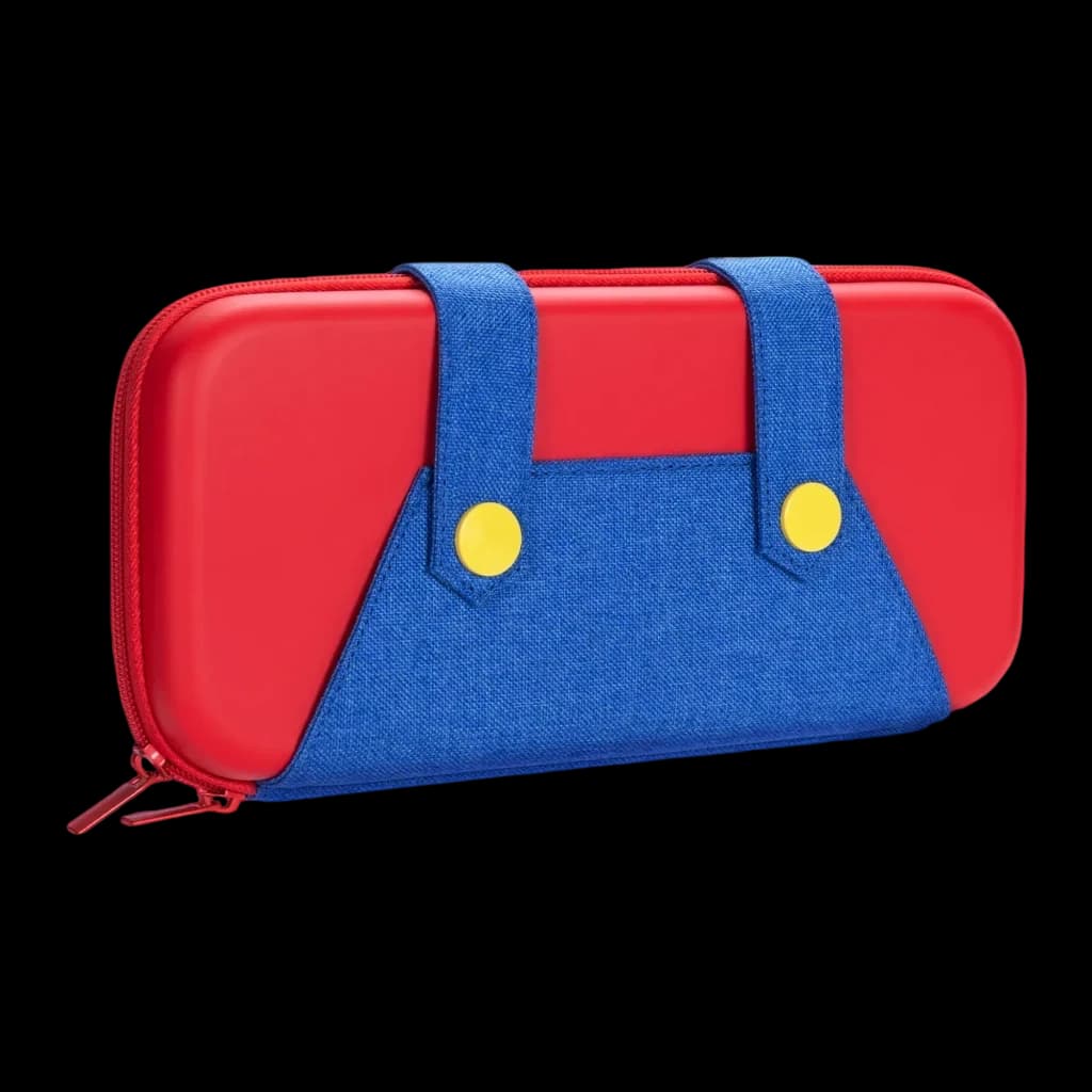 Capa FUNLAB Funcase for Switch 2 em vermelho com detalhe azul tipo jardineira, botões amarelos e zíper, carcaça rígida para proteção do Nintendo Switch 2