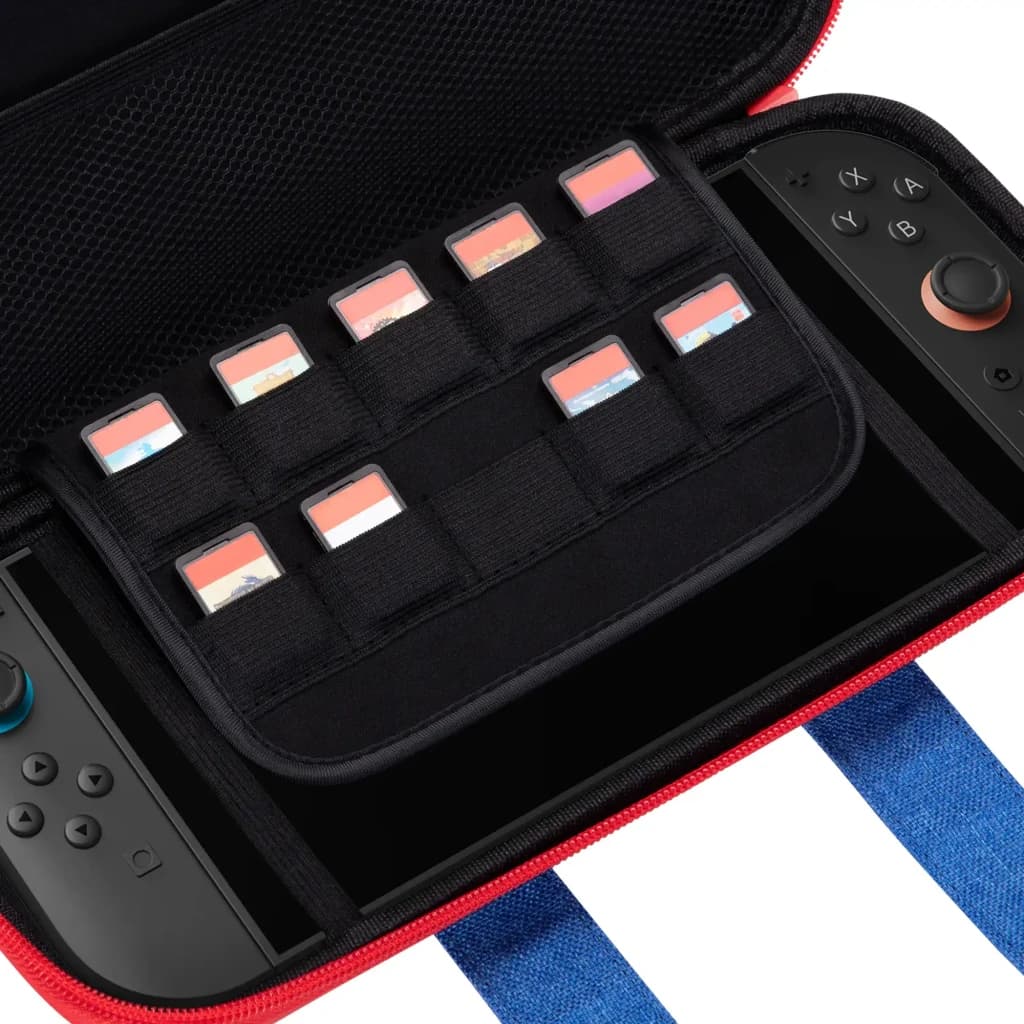 Capa FUNLAB Funcase for Switch 2: estojo rígido com zíper vermelho, compartimentos para 10 cartuchos, alças elásticas e proteção para Nintendo Switch 2
