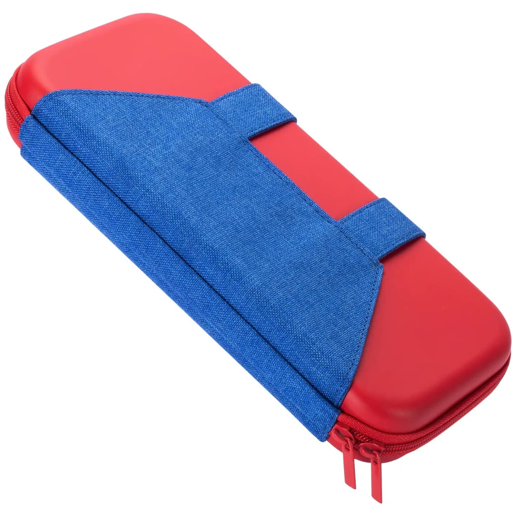 Funda FUNLAB Funcase for Switch 2, carcasa rígida roja con detalles azules tipo peto y dos botones amarillos, cierre con cremallera y diseño compacto - Ítem7