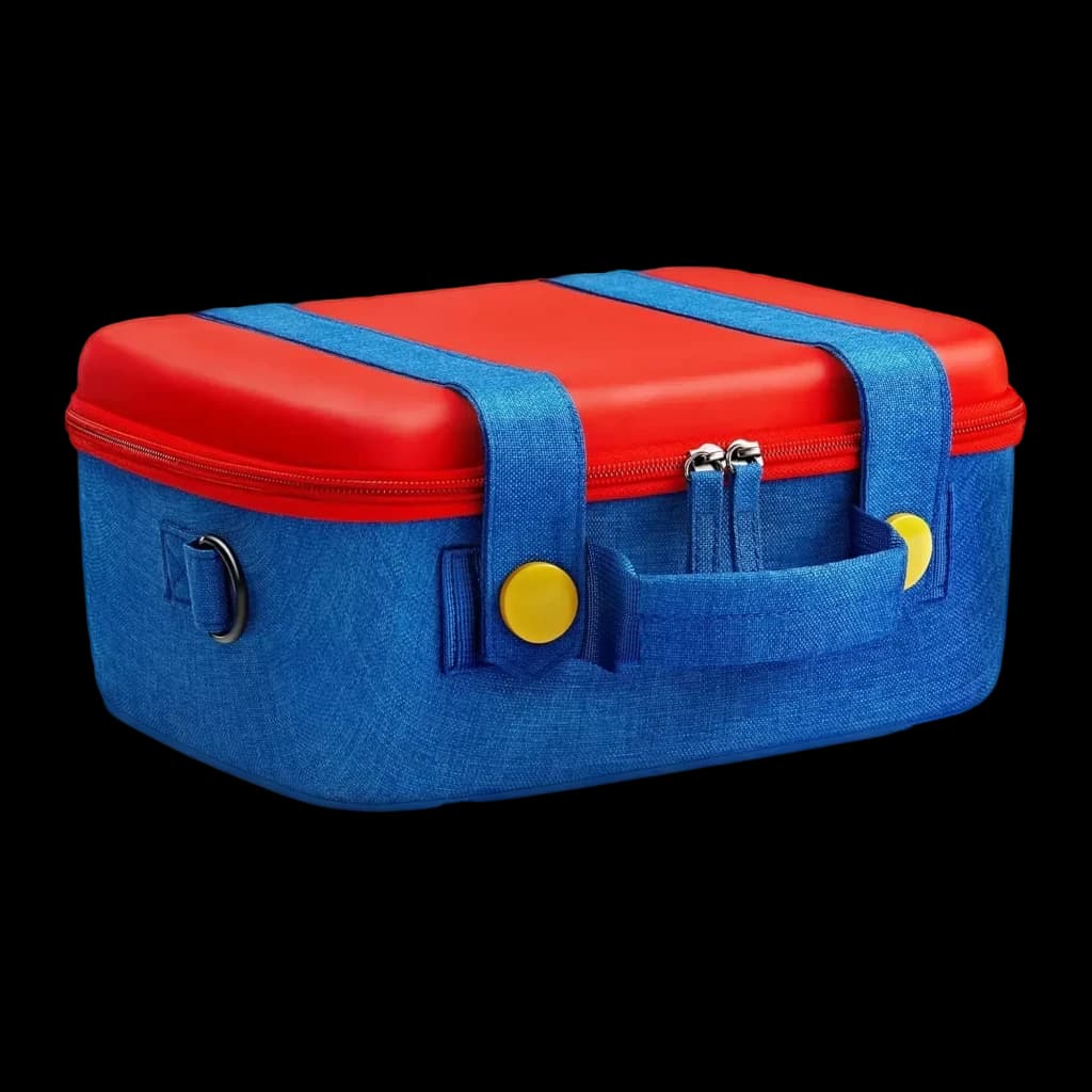 Mala de transporte FUNLAB Games Guardian Switch 2 Travel Case azul com tampa vermelha, zíper duplo, alça reforçada e botões amarelos
