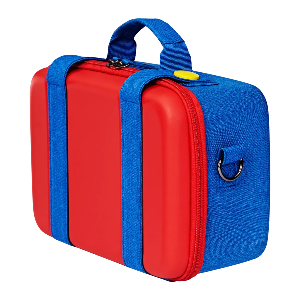 Funda rígida de viaje azul con tapa roja, cremalleras dobles, asa acolchada y correas azules con botones amarillos para proteger Nintendo Switch 2 - Ítem6