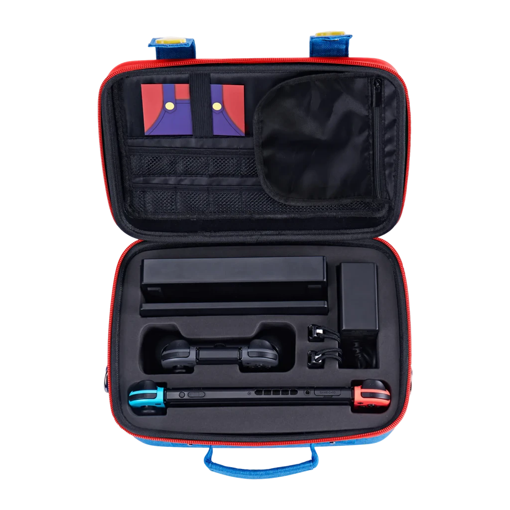 Funda rígida de viaje azul con tapa roja, cremalleras dobles, asa acolchada y correas azules con botones amarillos para proteger Nintendo Switch 2 - Ítem5