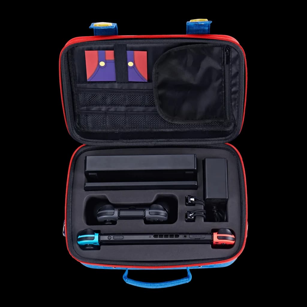 Mala rígida FUNLAB Games Guardian Switch 2 com interior em espuma moldada, espaço para dock, carregador, Joy‑Cons e tela, bolso com fecho e design colorido