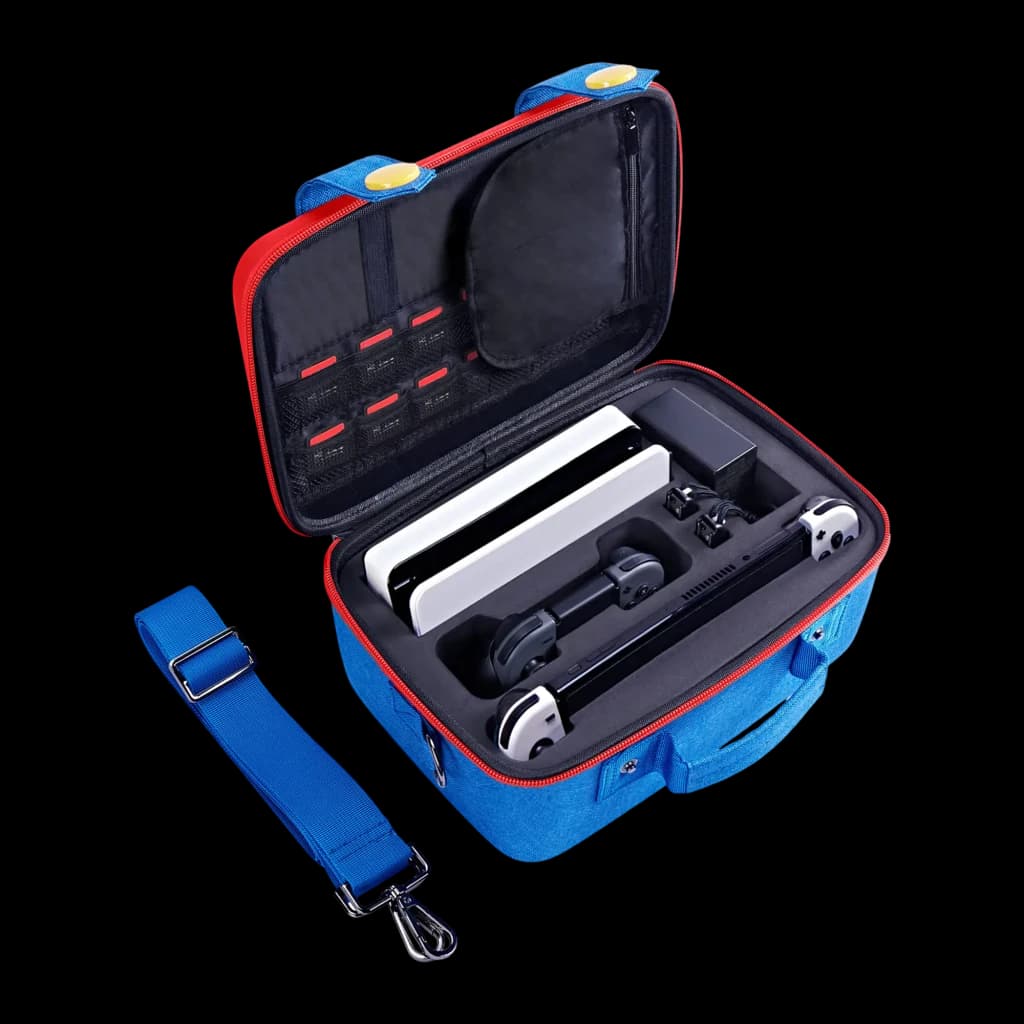 Mala de transporte FUNLAB Games Guardian Switch 2 Travel Case azul com interior moldado, slots para cartões, espaço para dock, Joy-Cons, cabos e alça