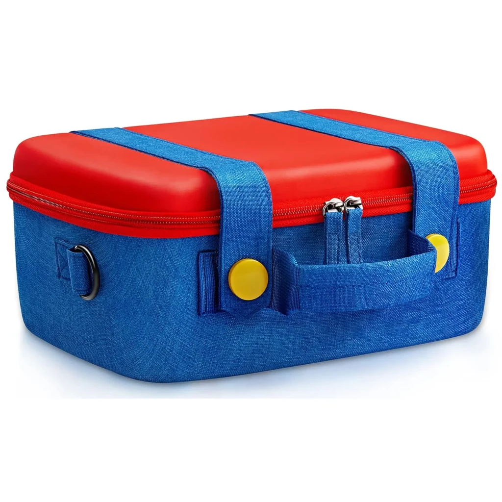 Funda rígida de viaje azul con tapa roja, cremalleras dobles, asa acolchada y correas azules con botones amarillos para proteger Nintendo Switch 2 - Ítem4