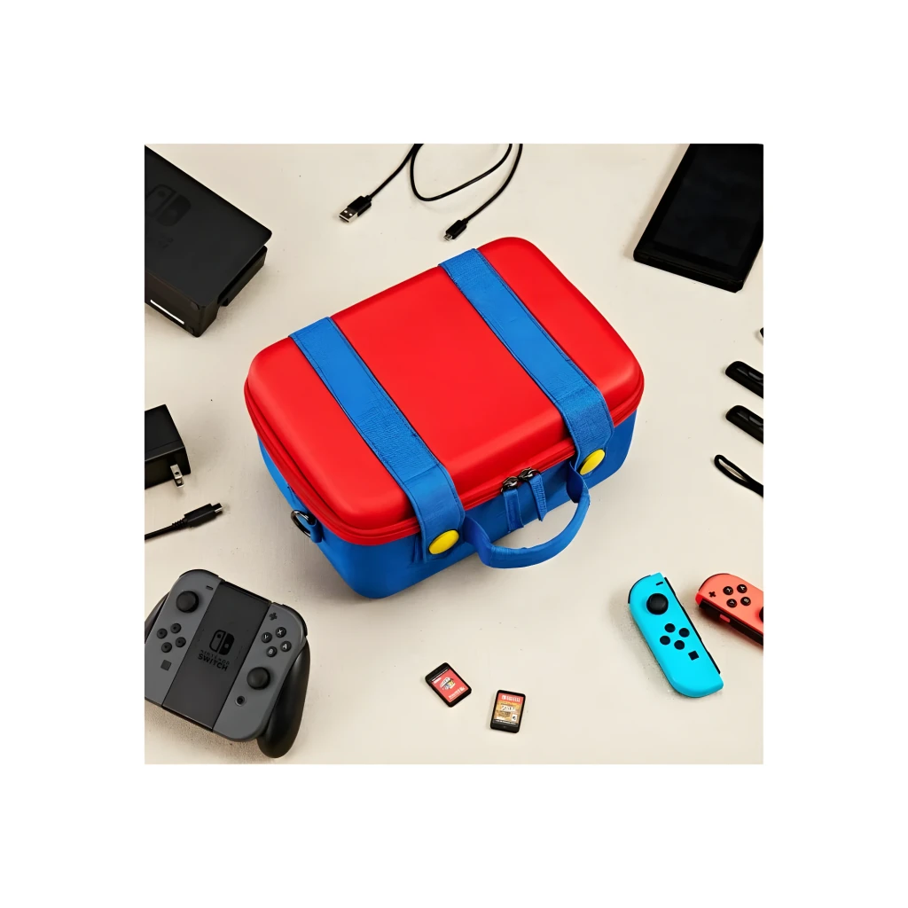 Funda rígida de viaje azul con tapa roja, cremalleras dobles, asa acolchada y correas azules con botones amarillos para proteger Nintendo Switch 2 - Ítem1