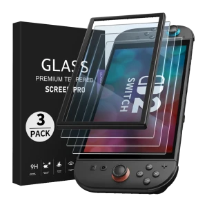 Protector de pantalla FUNLAB para Switch 2: 3 láminas de vidrio templado 9H, bordes negros, antiarañazos, alta transparencia, incluye herramienta de