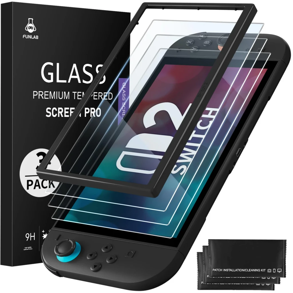 Protector de pantalla FUNLAB para Switch 2: 3 láminas de vidrio templado 9H, bordes negros, antiarañazos, alta transparencia, incluye herramienta de - Ítem2