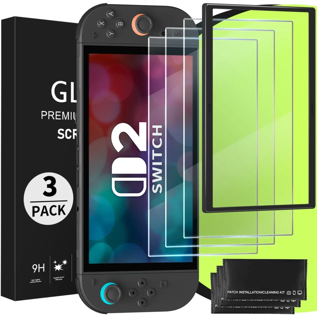 Protector de pantalla FUNLAB para Switch 2: 3 láminas de vidrio templado 9H, bordes negros, antiarañazos, alta transparencia, incluye herramienta de - Ítem1