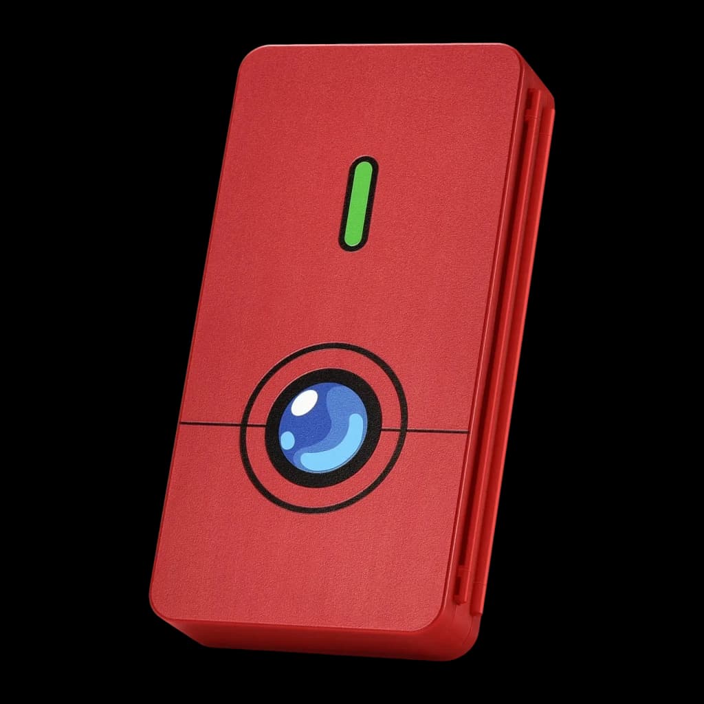 Estojo FUNLAB Switch Game Storage com capa rígida vermelha, detalhe central circular tipo Pokébola e indicador verde; formato compacto para 48 cartões