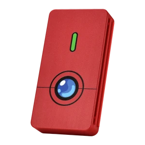 Funda FUNLAB Switch Game Storage 48 Card Slots en rojo con diseño tipo Pokédex, cierre magnético y ranura verde, compacta para 48 tarjetas de juego