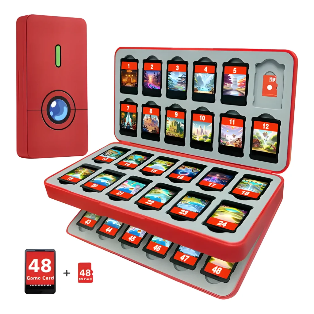 Funda FUNLAB Switch Game Storage 48 Card Slots en rojo con diseño tipo Pokédex, cierre magnético y ranura verde, compacta para 48 tarjetas de juego - Ítem8