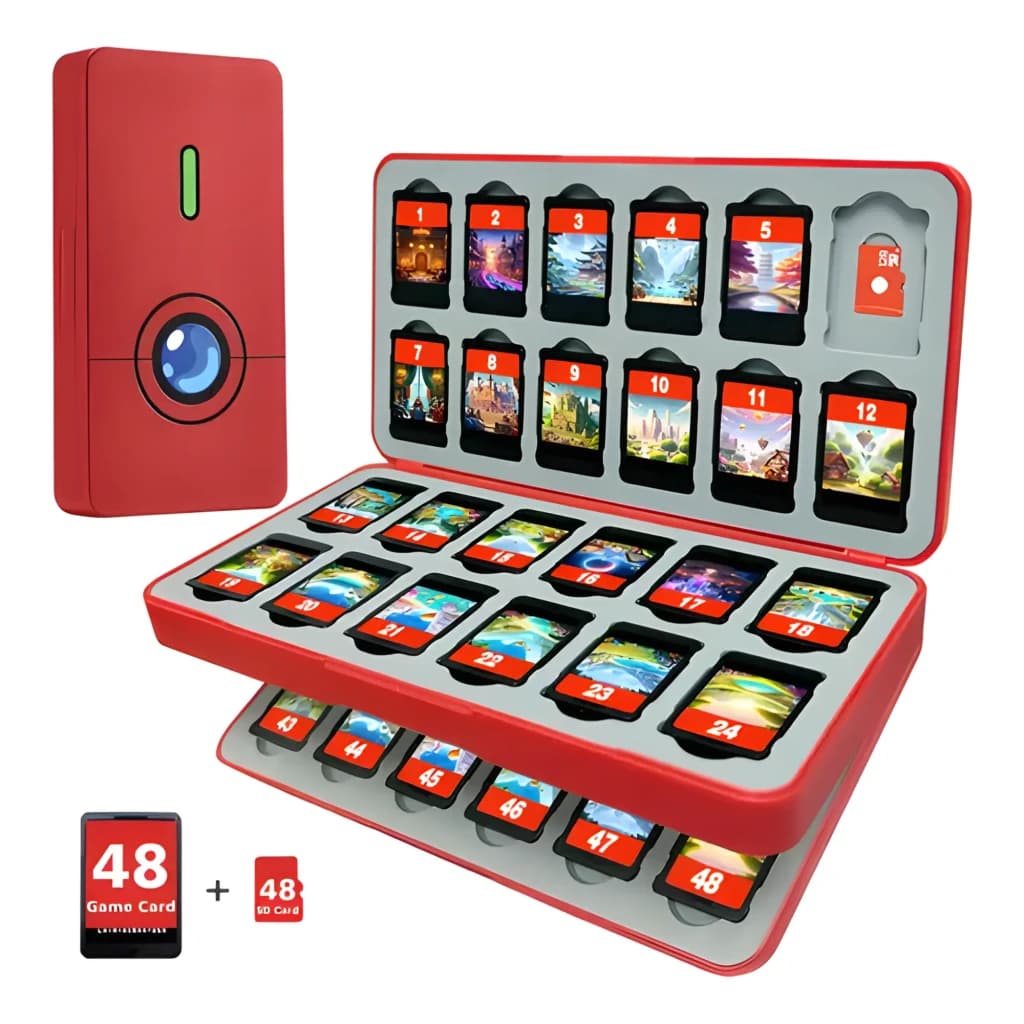 Estojo FUNLAB Switch Game Storage vermelho, rígido, com 48 ranhuras para cartões de jogo e 48 para cartões SD, interior cinza moldado e design compacto