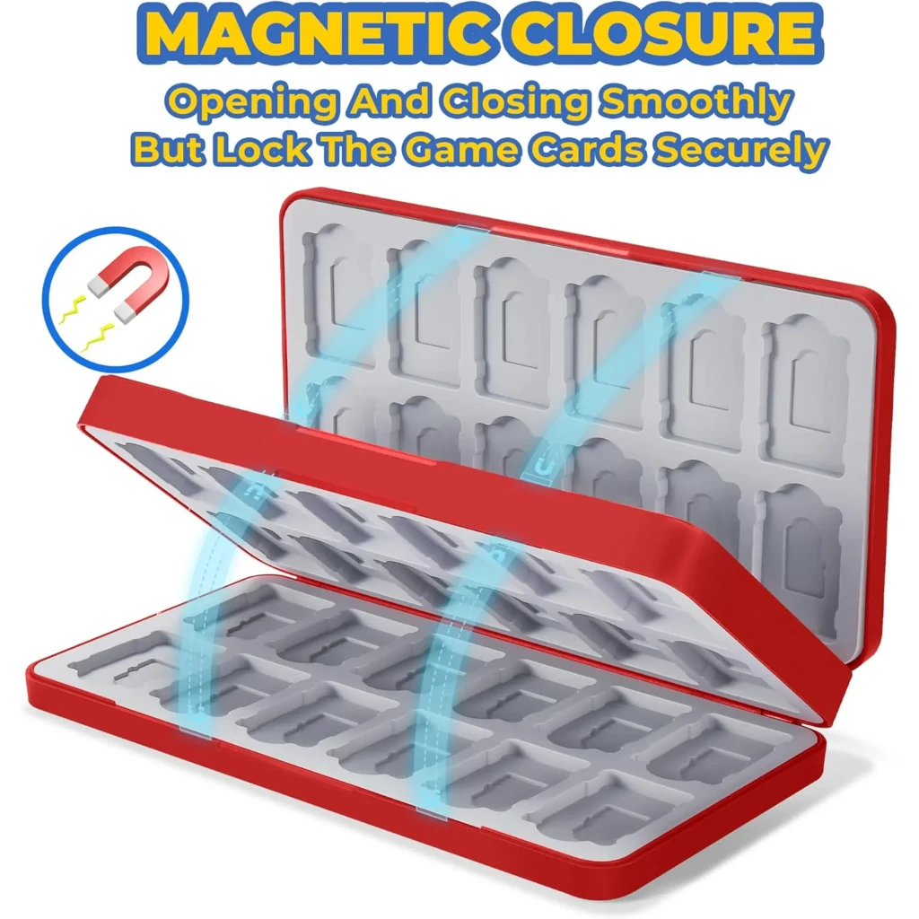 Funda FUNLAB Switch Game Storage 48 Card Slots en rojo con diseño tipo Pokédex, cierre magnético y ranura verde, compacta para 48 tarjetas de juego - Ítem5