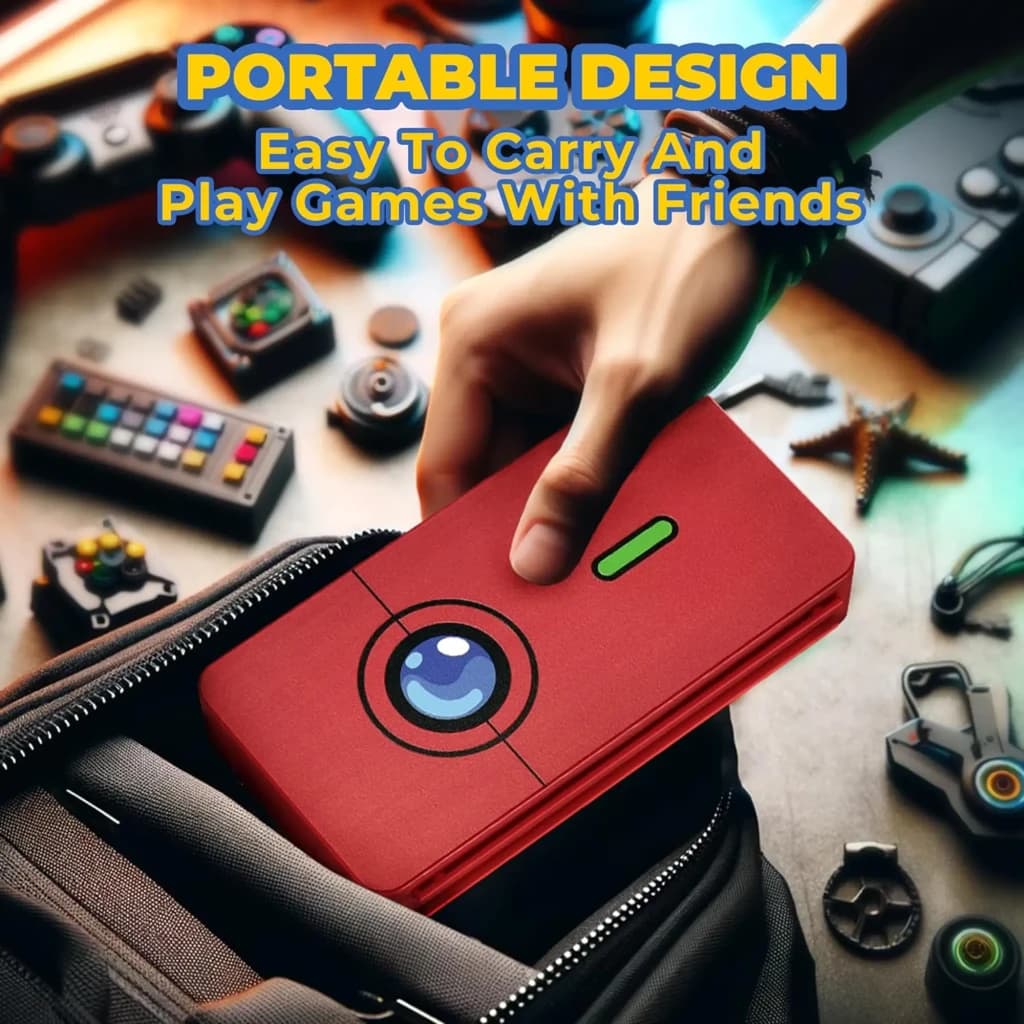 Estojo FUNLAB Switch Game Storage com 48 ranhuras para cartões, capa vermelha portátil com detalhe de olho azul e fecho verde, cabe na mochila