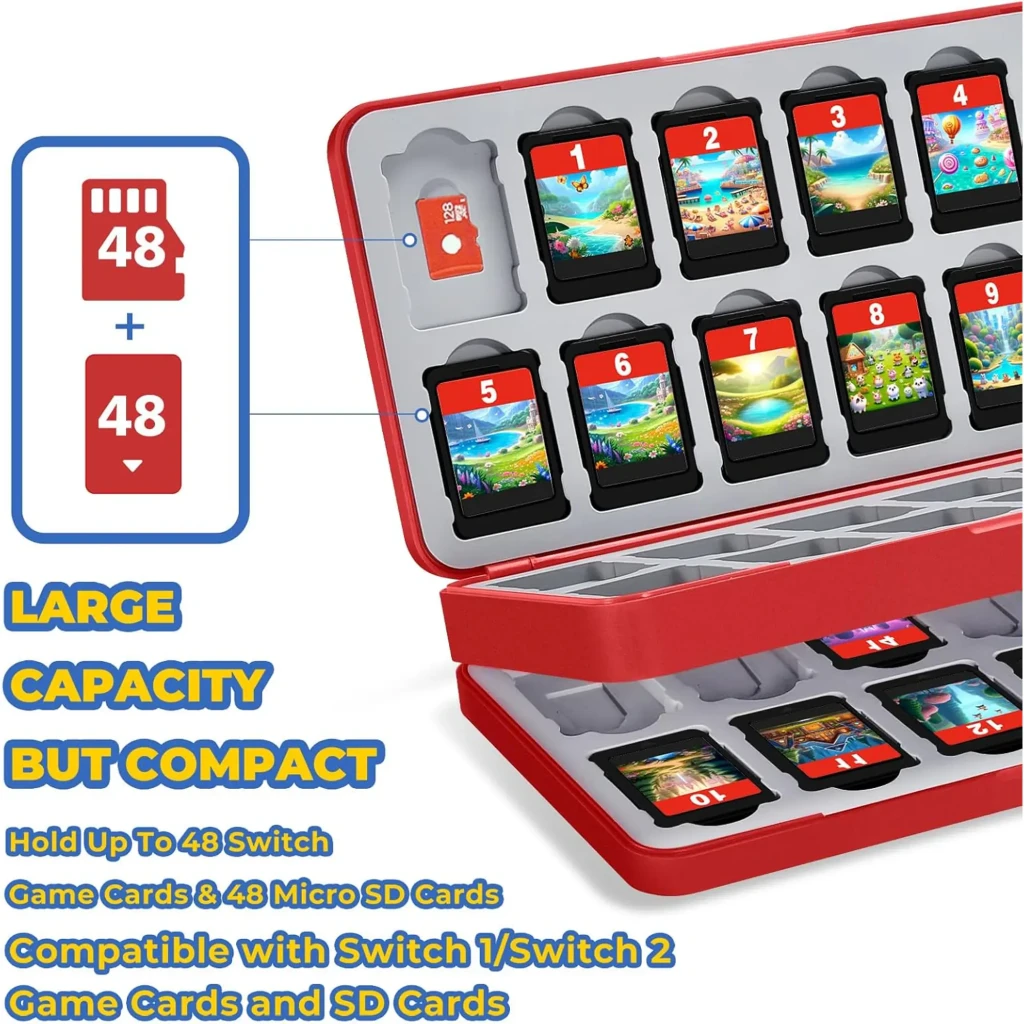 Funda FUNLAB Switch Game Storage 48 Card Slots en rojo con diseño tipo Pokédex, cierre magnético y ranura verde, compacta para 48 tarjetas de juego - Ítem1