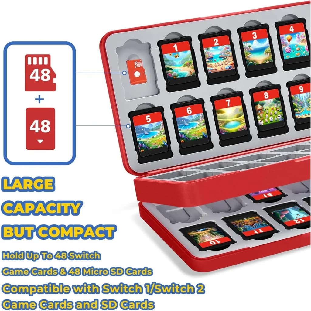 Estojo FUNLAB Switch Game Storage com 48 ranhuras para cartões, compacto, vermelho, interior cinza com slots numerados para jogos e microSD