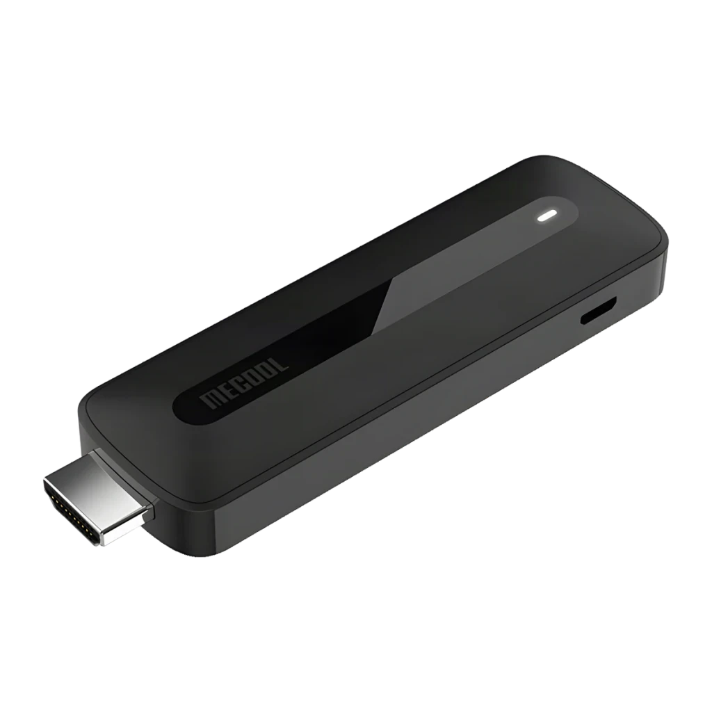 Lecteur Multimédia Mecool KD3 2Go/8Go 4K Android TV Wi-Fi Double Bande S905Y4, vue diagonale: stick noir avec connecteur