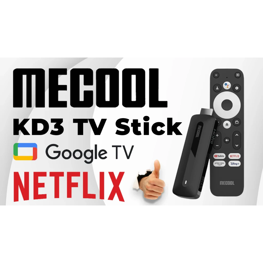 Lecteur Multimédia Mecool KD3 2Go/8Go 4K Android TV Wi-Fi Double Bande S905Y4, vue promo: stick et télécommande noirs