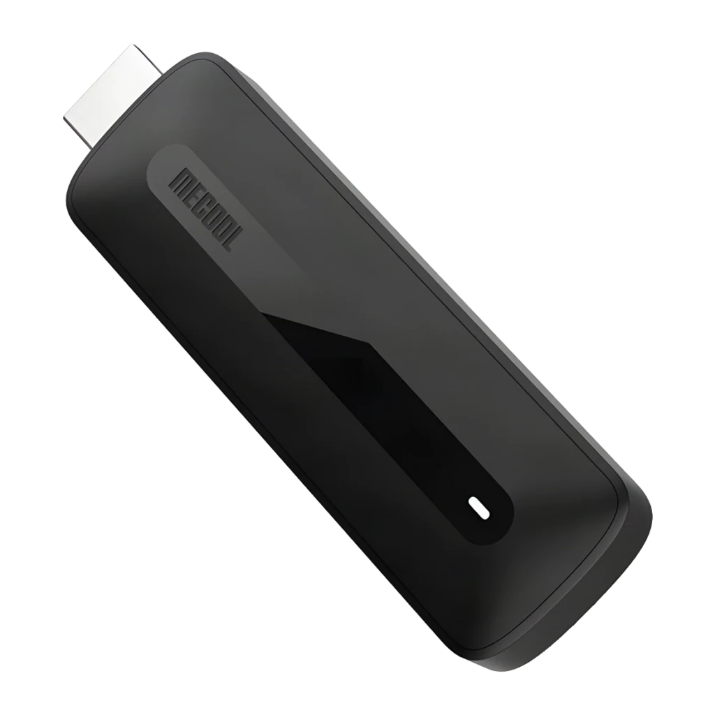 Lecteur Multimédia Mecool KD3 2Go/8Go 4K Android TV Wi-Fi Double Bande S905Y4, vue diagonale: stick noir avec connecteur