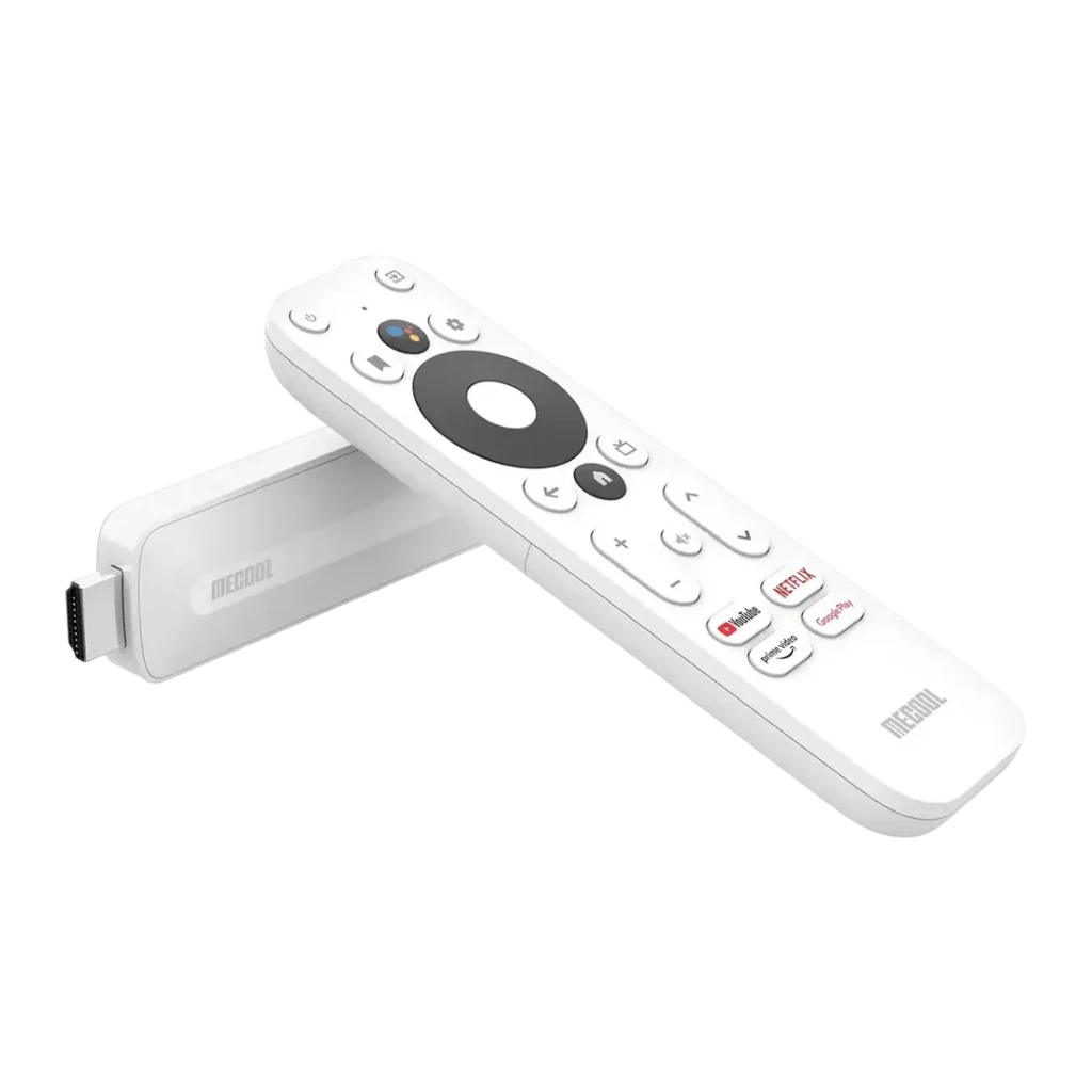 TV Stick Mecool KD5 1Go/8Go Blanc 4K 60fps WiFi 5 HDR10+ S805X2, vue frontale: stick HDMI et télécommande blanche