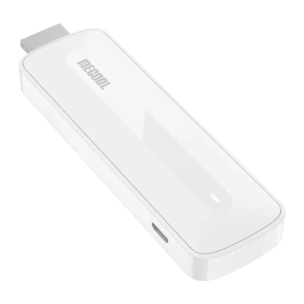 TV Stick Mecool KD5 1Go/8Go Blanc 4K 60fps WiFi 5 HDR10+ S805X2, détail: vue isométrique dessus avec logo Mecool, connecteur