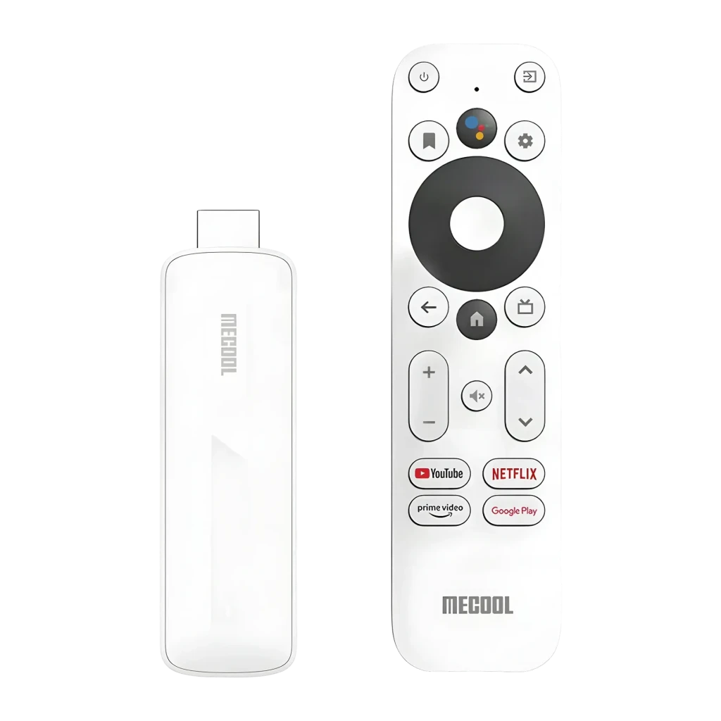 TV Stick Mecool KD5 1Go/8Go Blanc 4K 60fps WiFi 5 HDR10+ S805X2, détail: stick et télécommande avec boutons YouTube