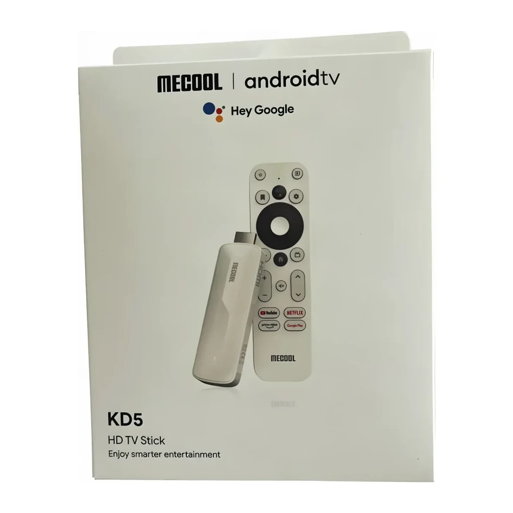 TV Stick Mecool KD5 1Go/8Go Blanc 4K 60fps WiFi 5 HDR10+ S805X2, contenu de la boîte: face avant avec stick et télécommande