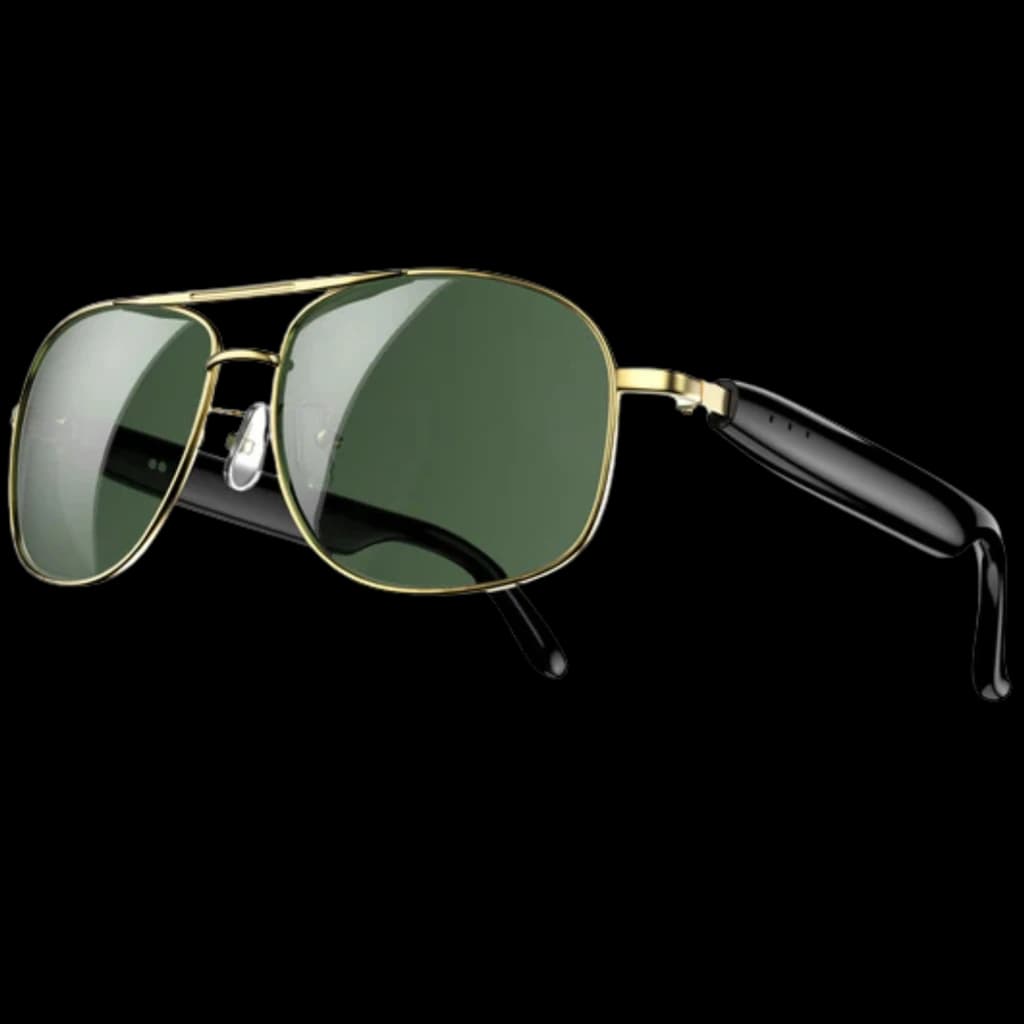 Blackview D1 Pro Gafas Inteligentes Gold con montura aviador dorada, lentes verdes, puente doble, plaquetas nasales ajustables y patillas negras brillantes
