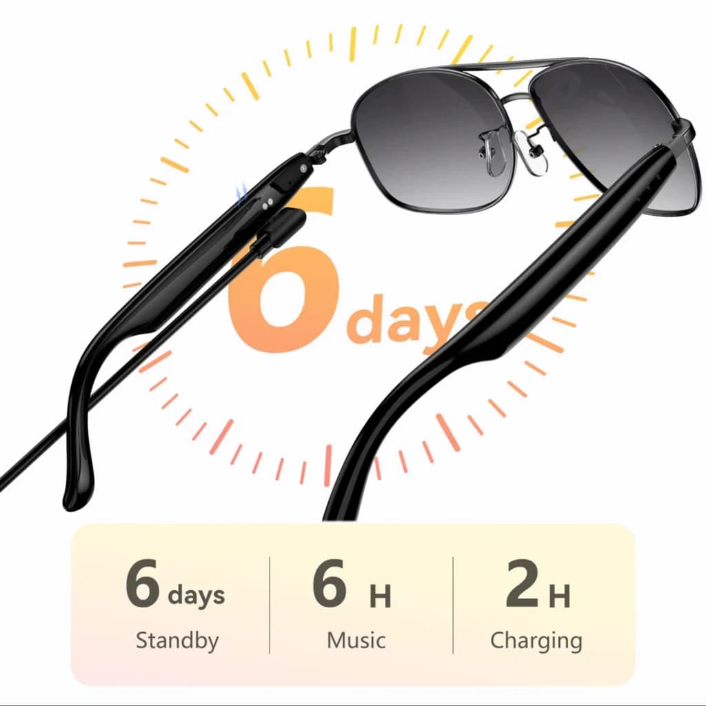 Blackview D1 Pro Gafas Inteligentes Black con patillas gruesas y cable de carga, lentes grises degradados, 6 días en espera, 6 h de música, 2 h de carga
