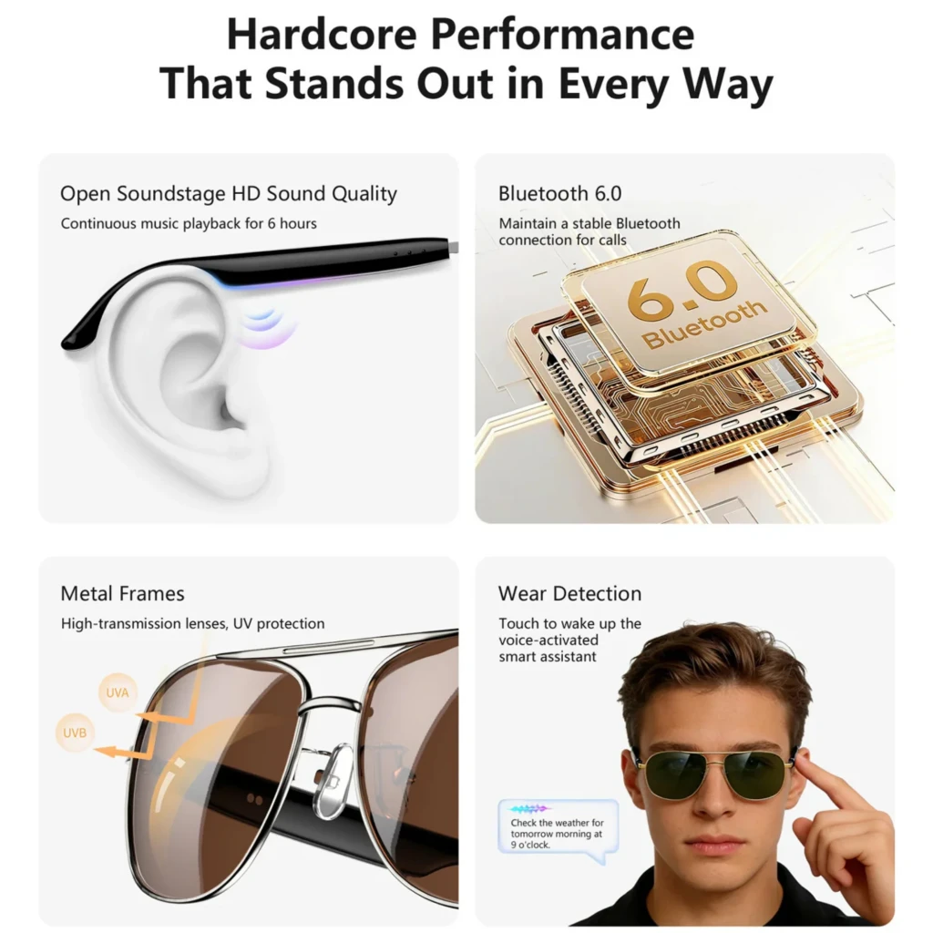 Gold view D1 Pro Gafas Inteligentes Gold con montura aviador dorada, lentes verdes, puente doble, plaquetas nasales ajustables y patillas negras brillantes - Ítem7