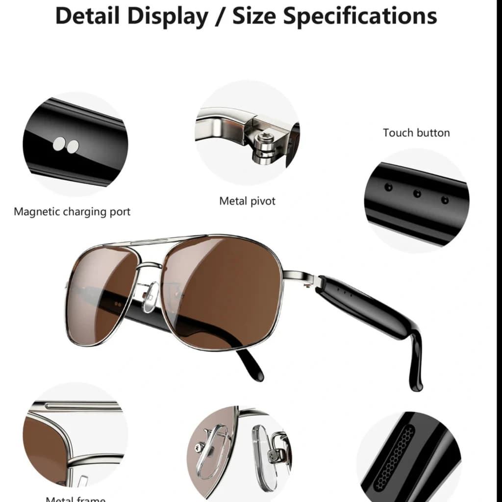 Blackview D1 Pro Gafas Inteligentes Black con montura metálica plateada, lentes marrones, patillas negras, botón táctil, bisagra metálica y puerto