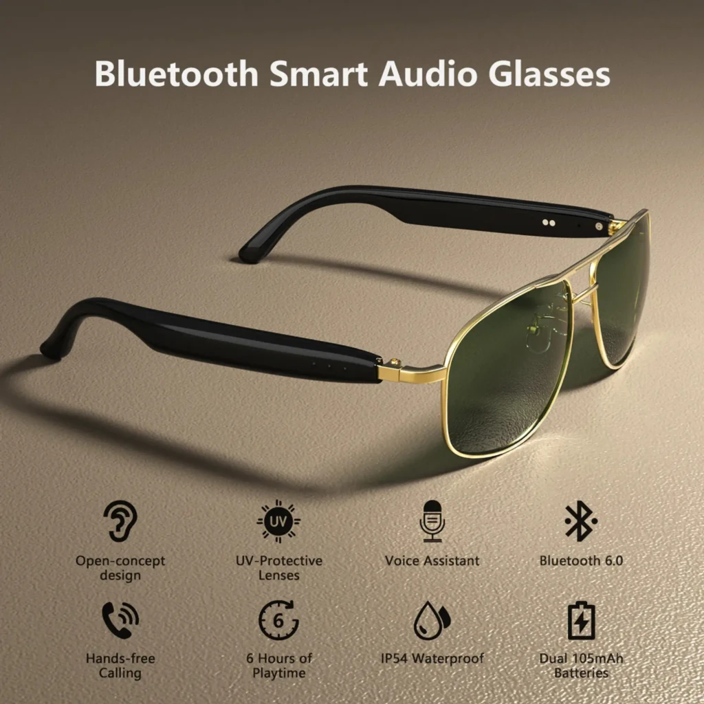 Gold view D1 Pro Gafas Inteligentes Gold con montura aviador dorada, lentes verdes, puente doble, plaquetas nasales ajustables y patillas negras brillantes - Ítem1