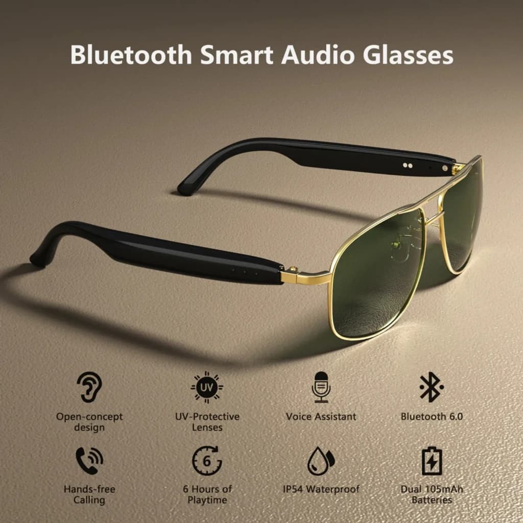 Blackview D1 Pro Gafas Inteligentes Black con montura dorada, lentes verdes UV, diseño abierto, micrófonos duales y resistencia IP54 para audio Bluetooth