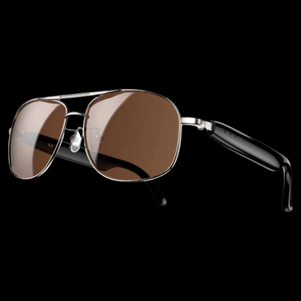 Blackview D1 Pro Gafas Inteligentes Silver con montura metálica plateada, lentes marrones tipo aviador y patillas negras gruesas con bisagras robustas