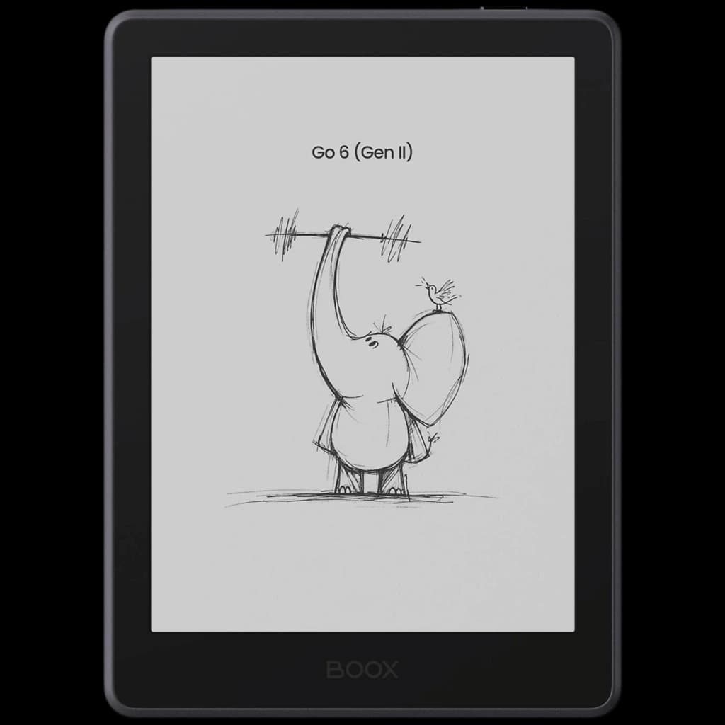 ONYX BOOX Go 6 Gen II eReader de 6 pulgadas, pantalla E Ink Carta 1300 en gris oscuro con biseles delgados y dibujo en blanco y negro en la pantalla
