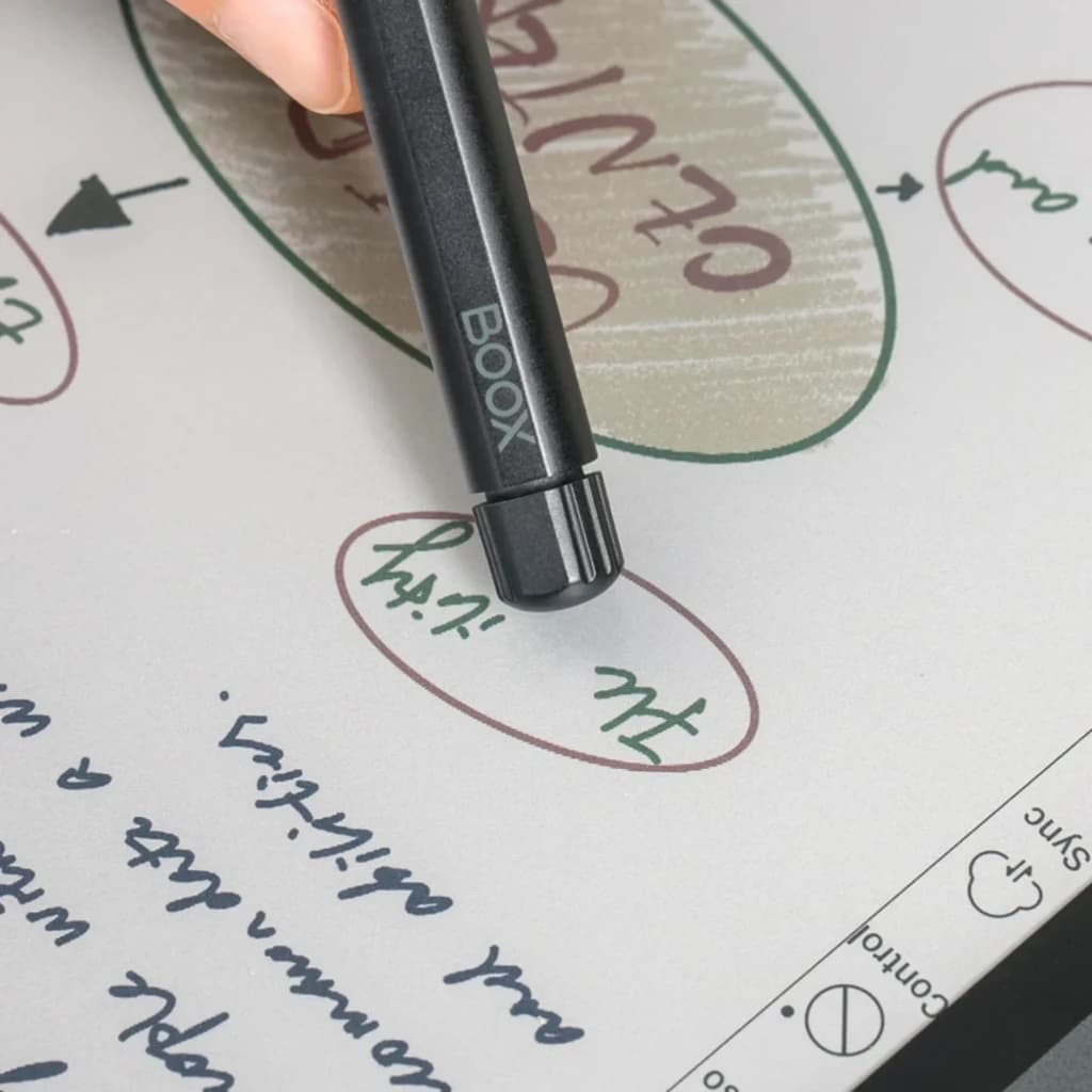 Lápiz digital ONYX BOOX Pen2 Pro negro con punta fina, cuerpo metálico y agarre antideslizante, escribiendo y subrayando con precisión en tablet BOOX ePaper
