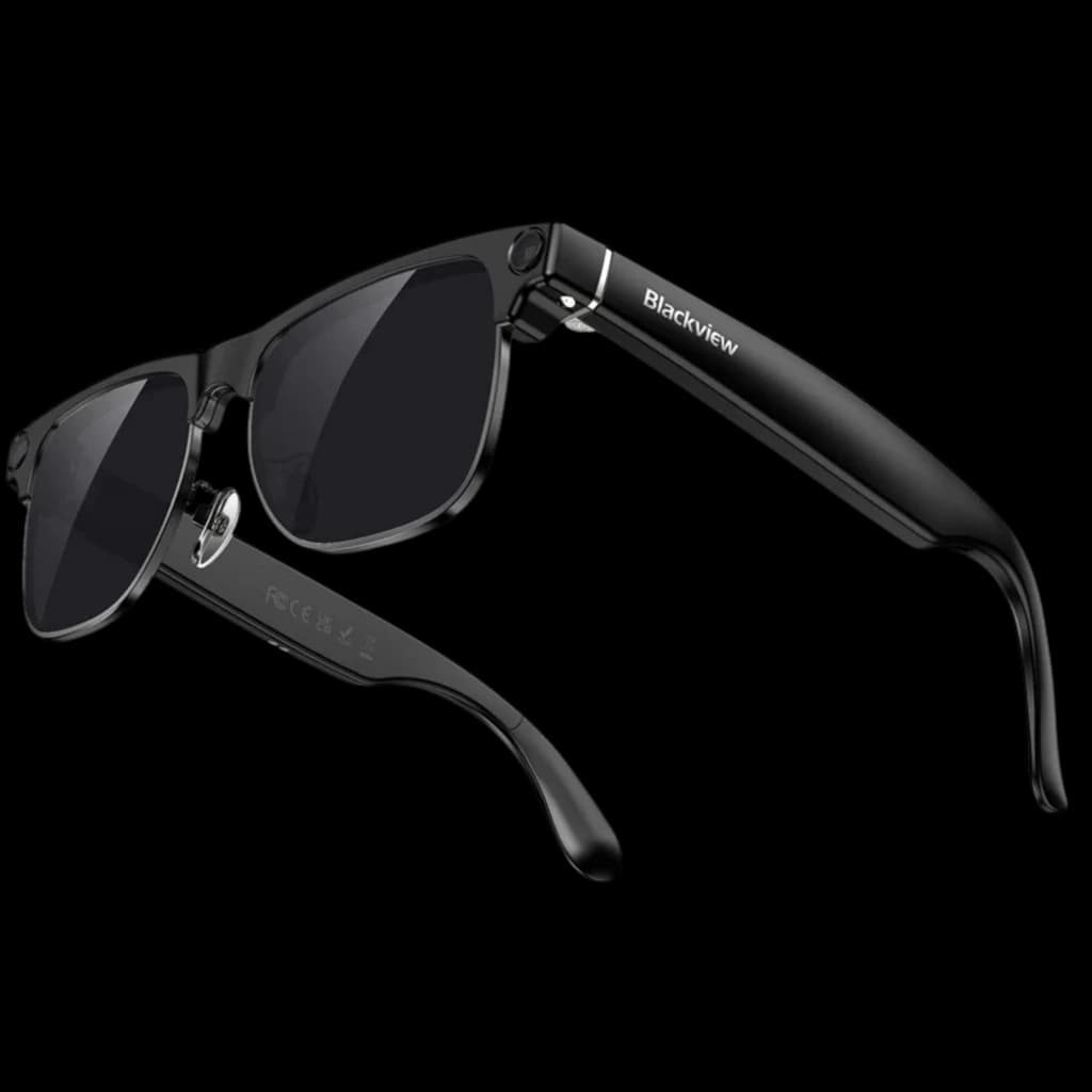 Lunettes intelligentes Blackview BV200 AI noires, monture rectangulaire, branches épaisses avec caméra 8 MP 2K intégrée et finitions mates élégantes
