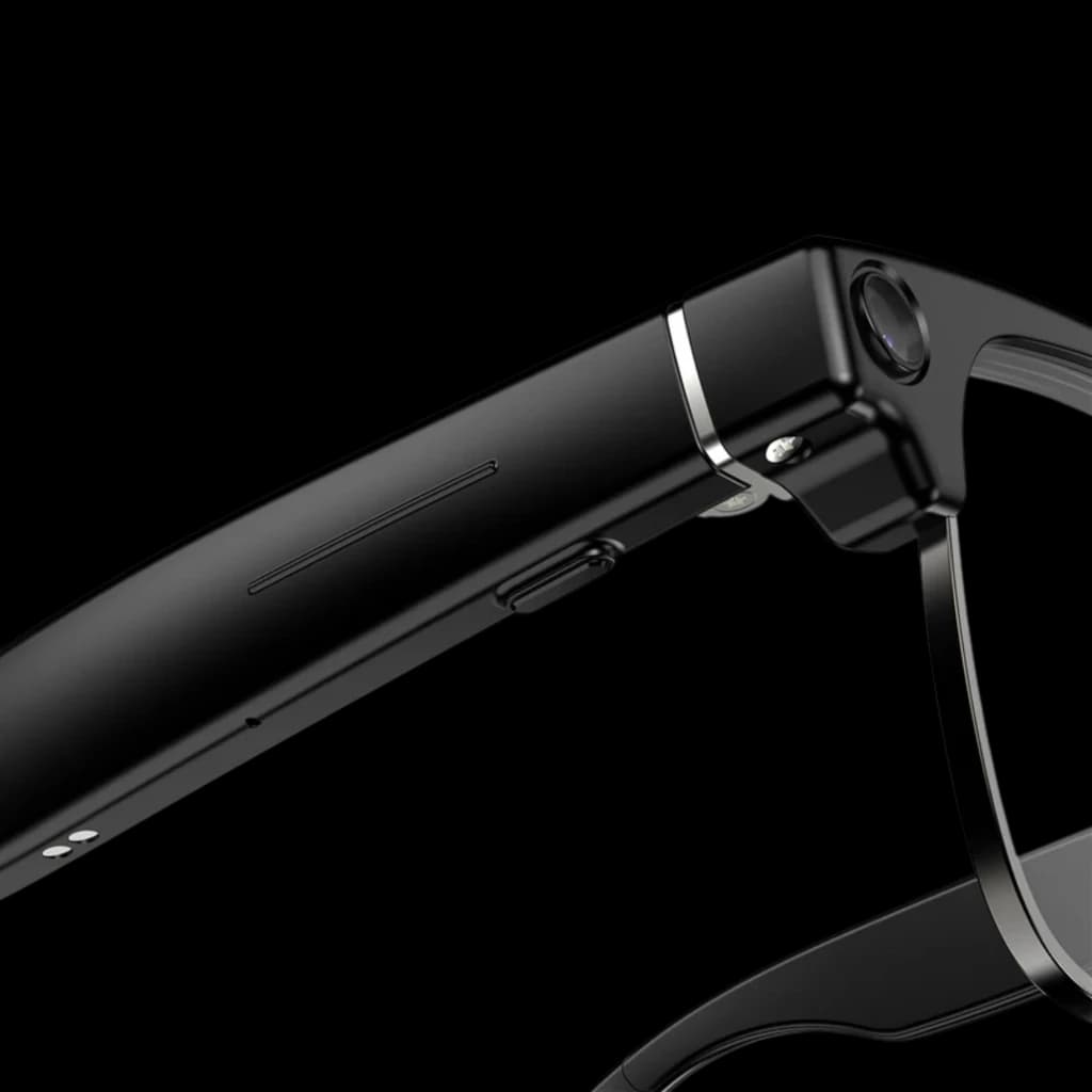 Lunettes intelligentes Blackview BV200 AI noires, branche épaisse avec caméra 8 MP 2K intégrée, bouton discret, lignes métalliques, design moderne et