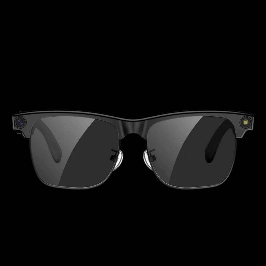 Lunettes intelligentes Blackview BV200 AI noires, monture classique, verres teintés, caméras 8 MP 2K intégrées aux coins, embouts nasaux réglables