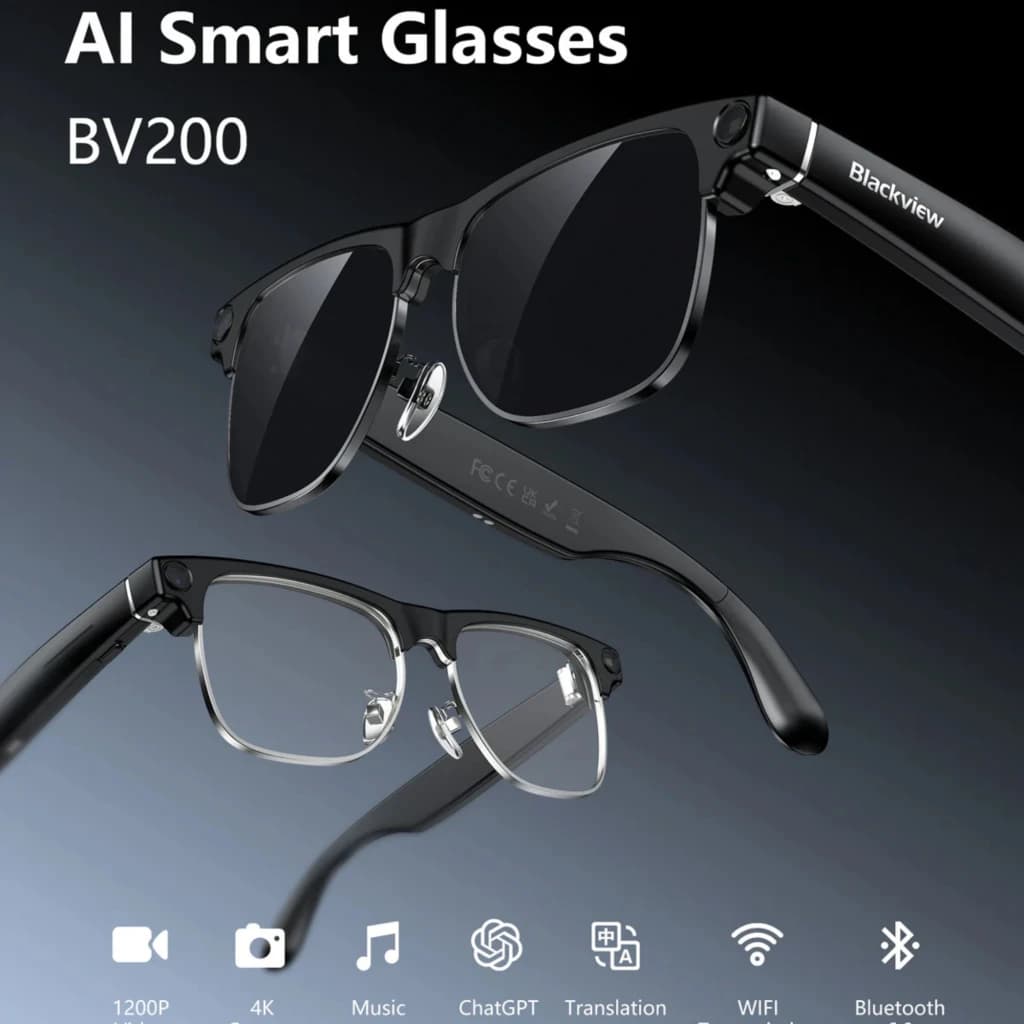 Blackview BV200 Lunettes intelligentes photochromiques, monture noire élégante, caméra Sony 4K intégrée, verres UV, micros discrets, connectivité