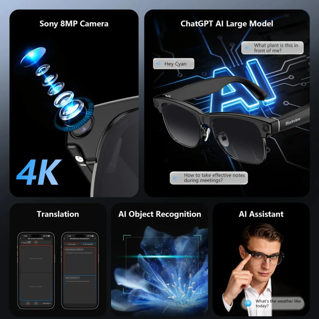 Blackview BV200 Óculos Inteligentes: armação preta elegante, lentes fotocromáticas, câmara Sony 4K embutida na haste, botões discretos e design leve - Item7