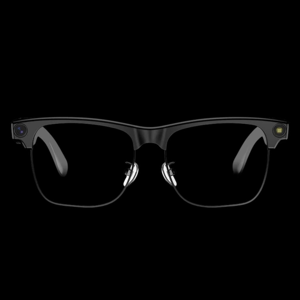Blackview BV200 Lunettes intelligentes noires, monture rectangulaire, verres photochromiques, caméras intégrées aux coins avec capteur Sony 4K, branches