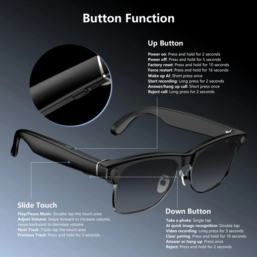 Blackview BV200 Óculos Inteligentes: armação preta elegante, lentes fotocromáticas, câmara Sony 4K embutida na haste, botões discretos e design leve - Item8