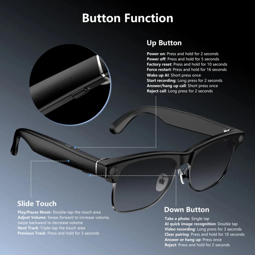 Blackview BV200 Lunettes intelligentes photochromiques avec caméra Sony 4K, monture noire, verres transitions, commandes tactiles et boutons latéraux
