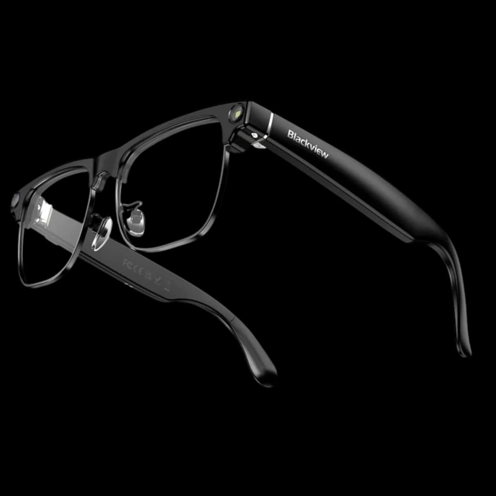 Blackview BV200 Lunettes intelligentes photochromiques avec monture noire, branches épaisses, caméra Sony 4K intégrée et bouton latéral discret