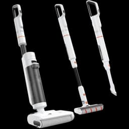 JONR ED20 Pro 3 en 1 sin cable, cuerpo blanco con detalles naranjas, depósito transparente, cabezal ancho, rodillo motorizado y boquilla estrecha con cepillo