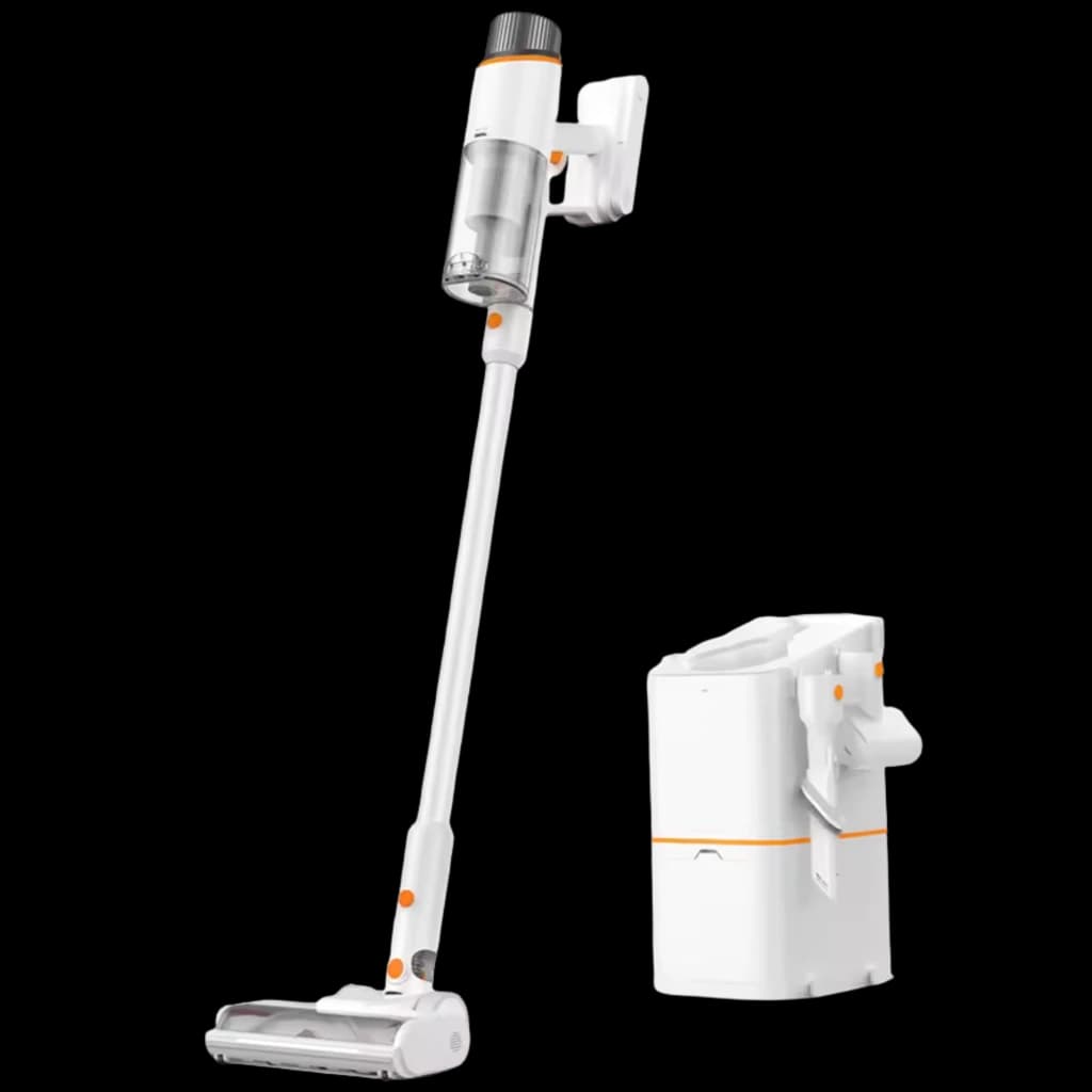 JONR VC10 Pro aspiradora escoba sin cable, cuerpo blanco con detalles naranjas, tubo largo, cabezal motorizado y base de carga compacta separada