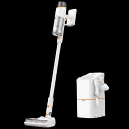 JONR VC10 Pro aspiradora escoba sin cable, cuerpo blanco con detalles naranjas, tubo largo, cabezal motorizado y base de carga compacta separada