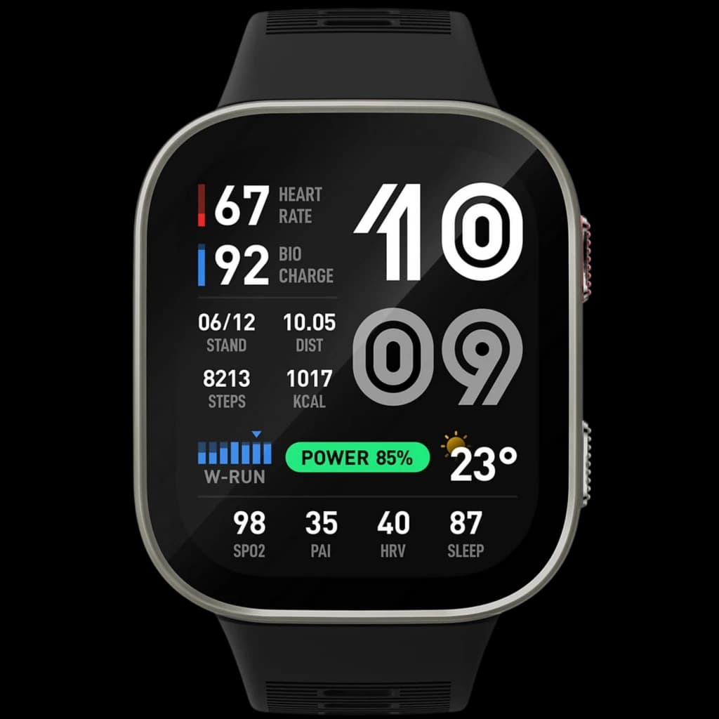 Montre connectée Amazfit Bip Max argentée avec grand écran AMOLED 2,07 pouces, cadran rectangulaire, bord fin, bracelet noir, affichage santé et GPS visible
